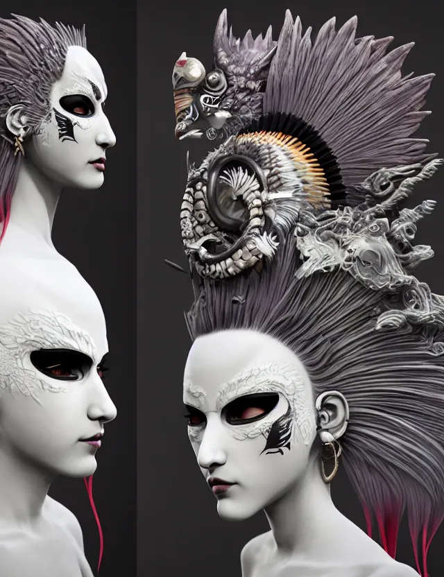 Image similar to 3 d goddess close - up profile simple portrait punk with mohawk with ram skull. beautiful intricately detailed japanese crow kitsune mask and clasical japanese kimono. betta fish, jellyfish phoenix, bio luminescent, plasma, ice, water, wind, creature, artwork by tooth wu and wlop and beeple and greg rutkowski