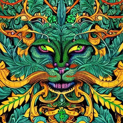 Prompt: beautiful colourful highly detailed incredibly ornate decorative green man as a cat face 3 d sculplture by walter crane and william morris and kilian eng, closeup, twisting leaves, tiny fine flowing lines, abstract psychedelic, 8 k, artstation