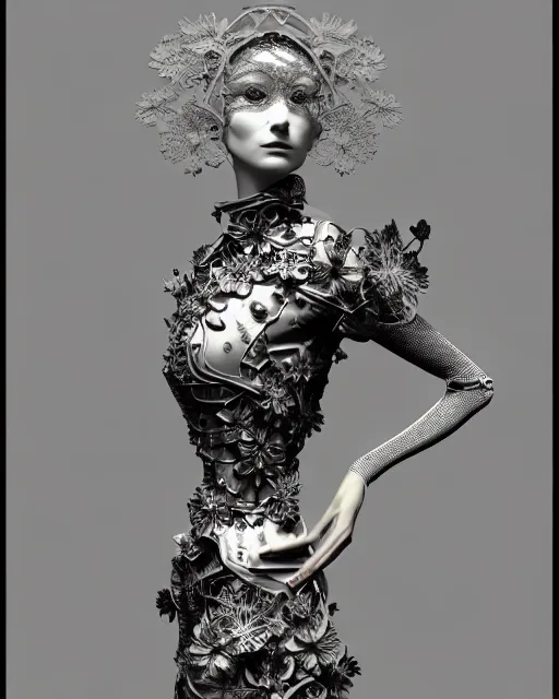 Prompt: monochrome 3 d model, 1 8 7 0 picture, silver lace floral steampunk biomechanical beautiful young female cyborg with porcelain profile face and a techno eye, volumetric light, leaves foliage and stems, hibiscus flowers, sinuous fine roots, fine foliage lace, alexander mcqueen, rim light, big gothic fashion pearl embroidered collar, octane render, 8 k