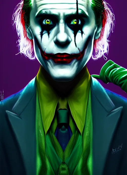 Image similar to portrait of jared leto as the joker, green hair, intricate, elegant, glowing lights, highly detailed, digital painting, artstation, concept art, sharp focus, illustration, art by wlop, mars ravelo and greg rutkowski