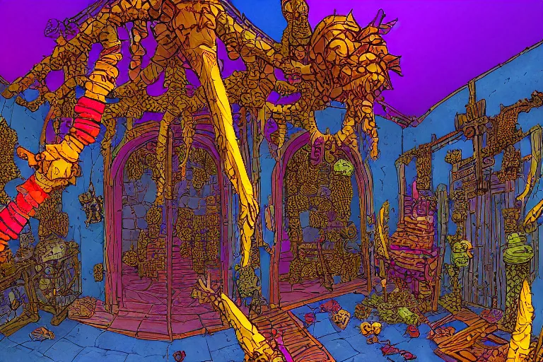 Prompt: complex intricate orc POINT PERSPECTIVE DUNGEON pineapple ROOM filled with objects, painted by Edward Gorey and Moebius and Greg Rutkowski and Paul Wenzel and George Barr, straight dark outline, trending on artstation, iridescent cool blue and cyan and red and blue and yellow and green lighting front view futuresynth , outrun , vibrant colors, Sabattier filter , Watercolor