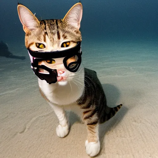 Prompt: high quality photo of a cat scuba diver wearing norkel mask