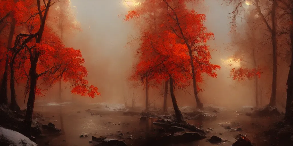 Image similar to A beautiful oil painting of a valley covered in snow, trees with red and orange leaves, yellow lighting, gloomy, atmospheric lighting, detailed, by greg rutkowski, trending on artstation