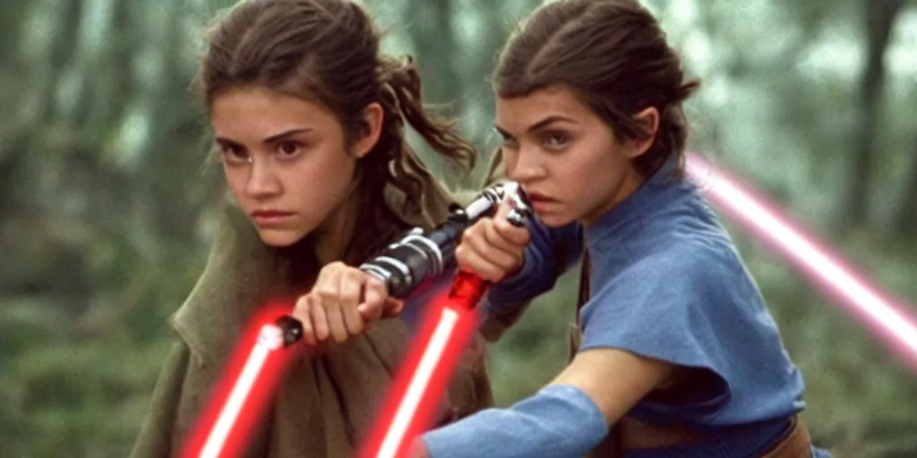 Prompt: a full color still of a teen brunette Jedi padawan holding a lightsaber hilt during a sci-fi battle, cinematic lighting, 1999, directed by Steven Spielberg, 35mm