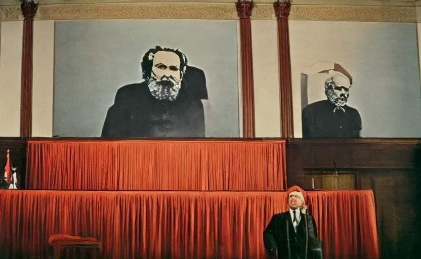 Prompt: 60s movie still of a stalinist style parlement with a giant painting of Karl Marx, by Irving Penn , cinestill 800t 35mm eastmancolor, heavy grainy picture, very detailed, high quality, 4k, HD criterion, precise texture, panoramic, cinematic