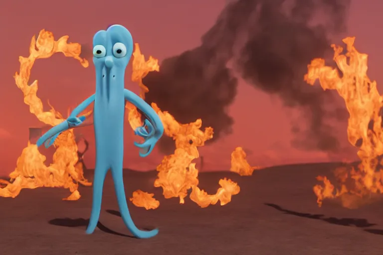 Prompt: squidward firebending outside at susnset, 3 d render