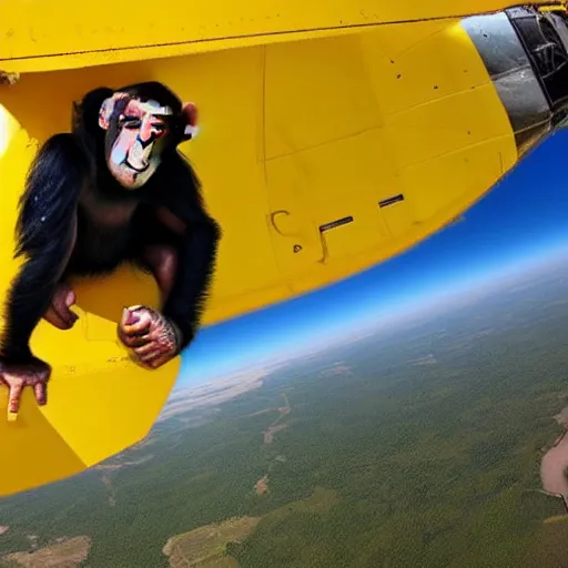 Image similar to a chimp wearing a yellow hoodie is skydiving