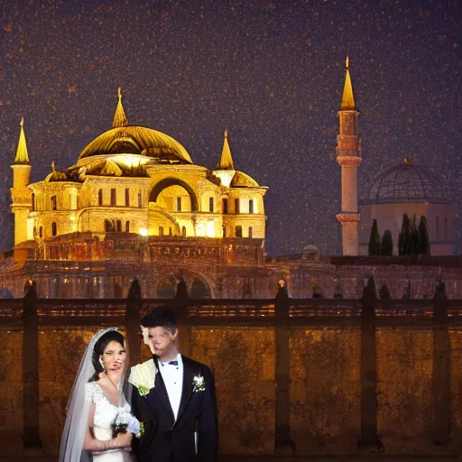 Prompt: A couple getting married in a venue, with a majestic Ottoman palace in the background, at night, well lit sky, close up shot on the couple, luxury, luxurious wedding, Ottoman Empire era, gold, photorealistic, ultra-detailed, 4k high resolution, HDR shot