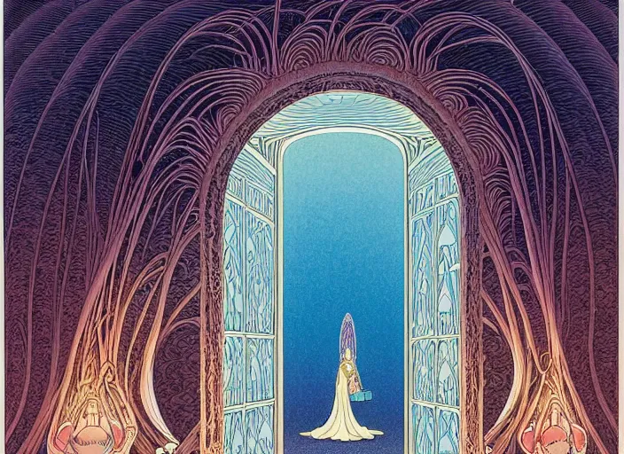 Prompt: a symmetrical!!! delicate mtg illustration by charles vess and kawase hasui of a large group of people entering the glowing doorway of a massive vulva - shaped temple constructed of carved iridescent pearls and house - sized crystals of smooth and organic architecture floating in the astral plane