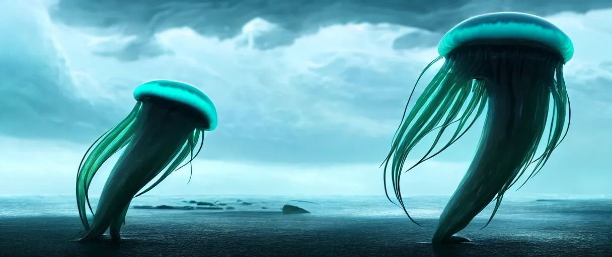 Prompt: a stunning cinematic extreme wide shot of an slick sleek smooth translucent jellyfish sea monster wearing clothes made of seaweed on a dark stormy beach, with huge luminous sad eyes, sharp claws, cgsociety, hd octane render, fantasy, artstation, deviantart, furaffinity, very very clean, super smooth, thunderclouds, thunderstorm