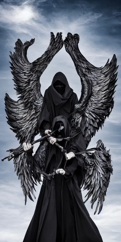 Prompt: grim reaper angel holding seven exactly seven I repeat I want seven 7 scythes with their hands, hugging them and trying to hold all of them within their arms, photography