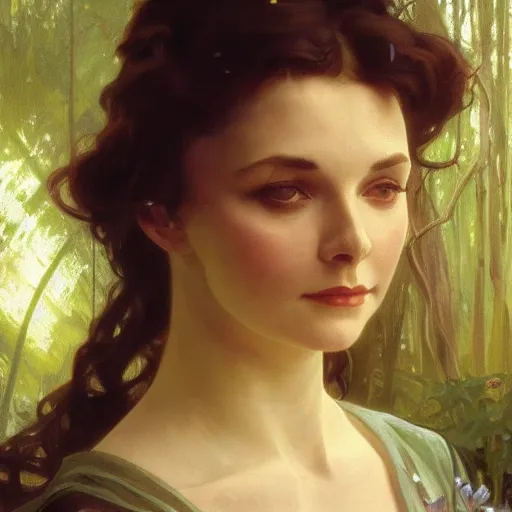 Image similar to a beautiful closeup portrait of a young vivian leigh casting a spell, forest background, serene colors, dramatic light, gorgeous view, depth, high detail, digital art, painted by alphonse mucha and greg rutkowski, trending on artstation