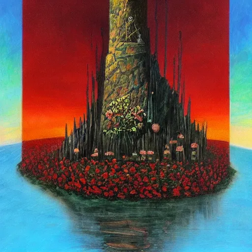 Prompt: the dark tower in a field of roses, surrealism, cosmic western, masterpiece oil painting,