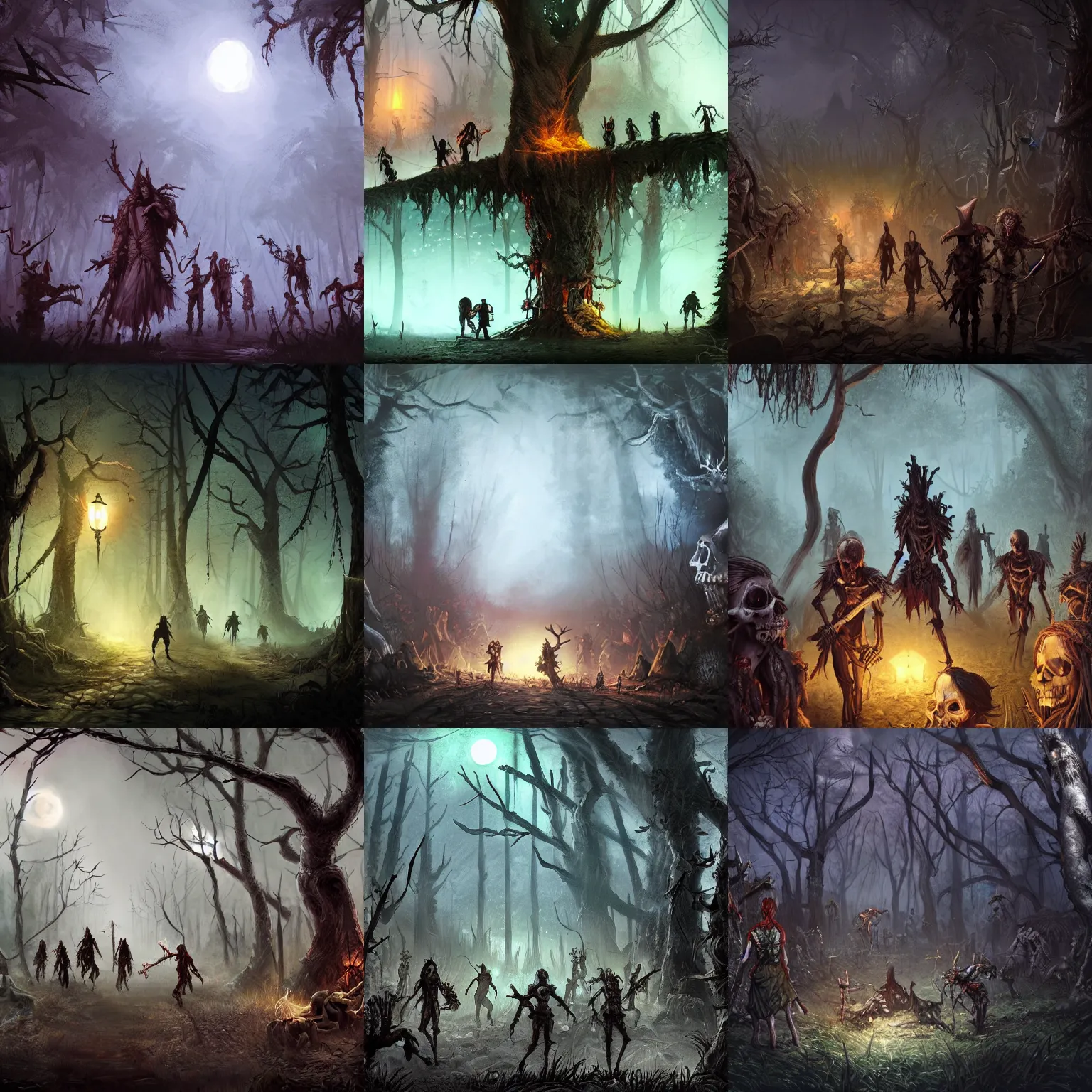 Prompt: dangerous skeletons and zombies in a forest at night approaching an elven village, dnd, concept art, fantasy art, 4 k, artstation