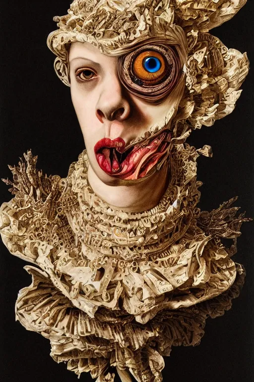 Prompt: Detailed maximalist portrait with large lips and with large eyes, angry expression, HD mixed media, 3D collage, highly detailed and intricate illustration in the style of Caravaggio, dark art, baroque