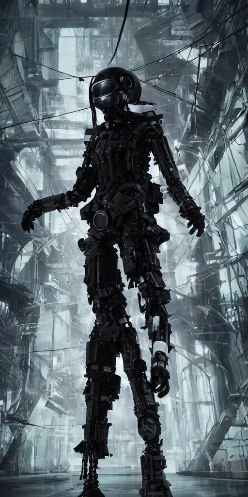 Image similar to healthgoth cyborg, dark techwear fashion, cables, cyberpunk, hyper realistic, tsutomu nihei, cryengine, 8 k, full character, toha heavy industries, rick owens, boris bidjan saberi