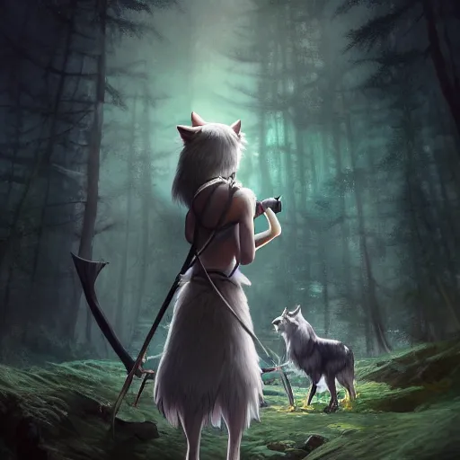 Prompt: Princess Mononoke holding a spear, standing next to Moro the white wolf, in a dark forest at night, bioluminescent plants surround the scene, portrait by loish and WLOP, octane render, dark fantasy, smooth, sharp focus, highly detailed, trending on ArtStation