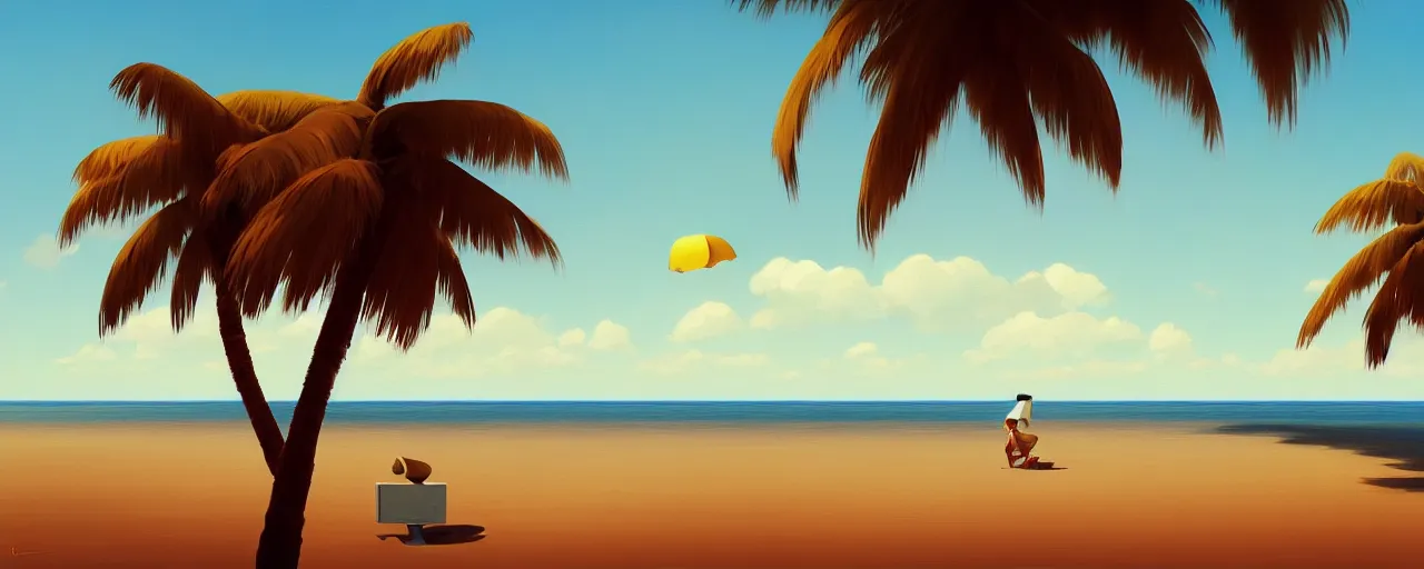 Image similar to goro fujita ilustration of a beach horizon with clouds and one palm tree, painting by goro fujita, sharp focus, highly detailed, artstation