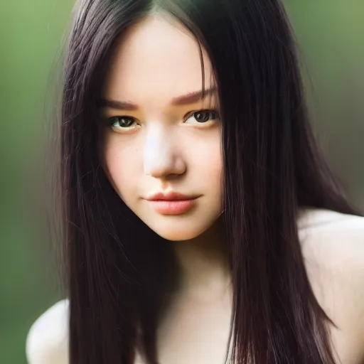 Image similar to real life photo of a beautiful girl, full body photoshoot, long black hair, full round face, short smile, brown shirt, forest setting, cinematic lightning, medium shot, mid - shot, highly detailed, trending on artstation, iso 2 0 0, f 1. 4, 8 0 mm, 8 5 mm, natural light