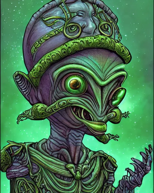 Image similar to leprechaun alien, extraterrestrial creature design based on celtic mythology, irish charm, fairy alien, science fantasy illustration