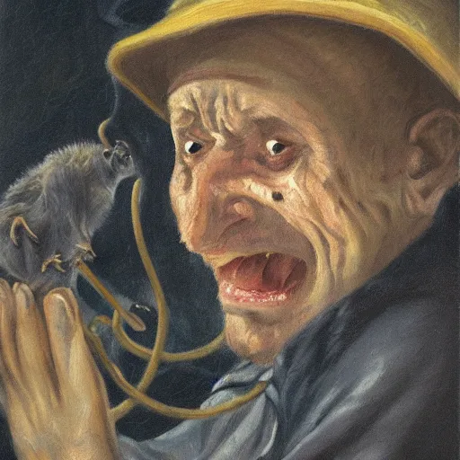Prompt: oil painting of a crying man wearing a birthday hat in a cave full of bats and snakes, high detail