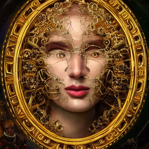 Image similar to renaissance oil painting, very beautiful woman integrating with technology, full face frontal centered, portrait, insipiring, detailed intricate ornate cables connected to head, big open electric eyes, luxurious detailed abundent wiring and implants, diamonds, sci-fi, neon, emeralds, detailed technology full background, highly detailed, artstation, Rene Lalique and Eddie Mendoza and Gil Elvgren