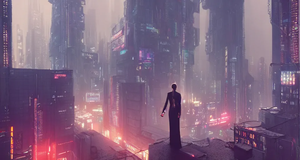 Prompt: woman standing on a rooftop in a cyberpunk city, blade runner, nighttime, rain, intricate artwork by tooth wu and wlop and beeple, octane render, hyper realism, 8 k