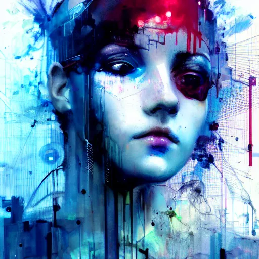 Image similar to beautiful young cyberpunk noir woman vr dreaming of a nightmare glitchcore world of wires, and machines, by jeremy mann, francis bacon and agnes cecile, and dave mckean ink drips, paint smears, digital glitches glitchart