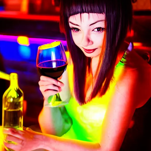 Image similar to anime girl drinking wine from a neon bar