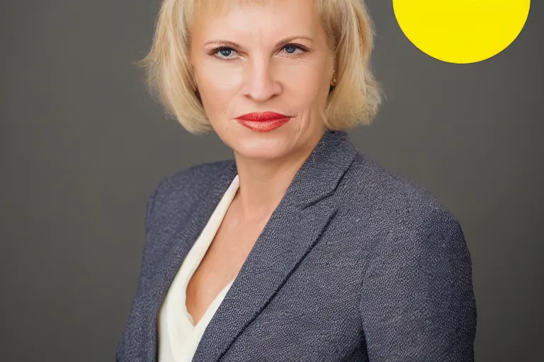 Prompt: a portrait photograph of a confident caucasian woman in her 6 0's with short blonde hair and penetrating eyes wearing a tailored yellow suit standing against a backdrop of the planet earth which is on fire. in the style of annie leibowitz,