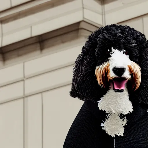 Image similar to a closeup photorealistic photograph of a smiling knitted bernedoodle judge dog dressed in a black gown, presiding over the courthouse. indoors, professional capture, well lit shot. this 4 k hd image is trending on artstation, featured on behance, well - rendered, extra crisp, features intricate detail, epic composition and the style of unreal engine.