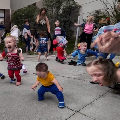 Image similar to wide - angle photograph of a group of toddlers rioting after listening to jordan peterson debate nap time, daycare center