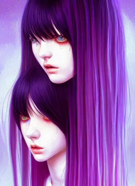 Image similar to hair whitebangs hair, black hair, whitebangs, portrait of teenage girl with white bangs, red irises, purple clothes, white bangs, bangs are different color from hair, intricate, elegant, glowing lights, highly detailed, digital painting, artstation, concept art, smooth, sharp focus, illustration, art by wlop, mars ravelo and greg rutkowski