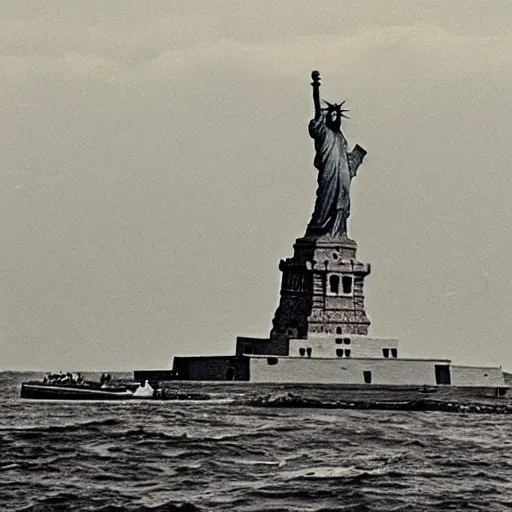 Prompt: a statue of liberty sinking in the ocean