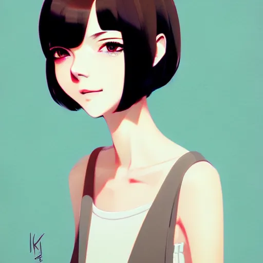 Prompt: urban girl fanart, brunette bob haircut, muted colors, matte print, pastel colors, ornate, digital art, cute smile, digital painting, fan art, elegant, pixiv, by Ilya Kuvshinov, by Studio Ghibli