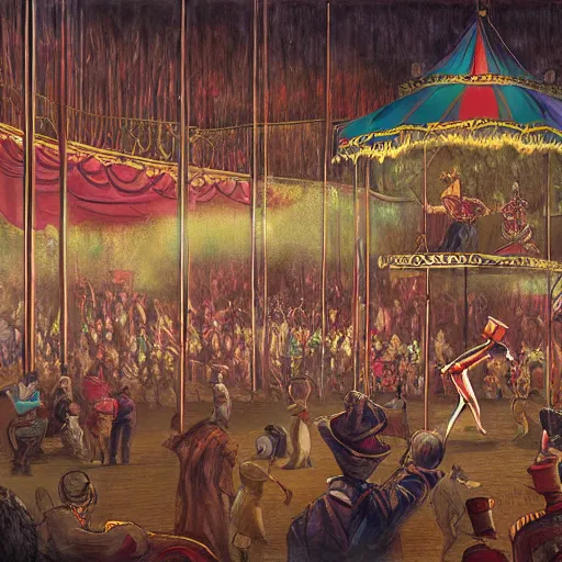 Image similar to a painting of a circus in the gilded age, illustration, painted by cristopher rush, josan gonzalez