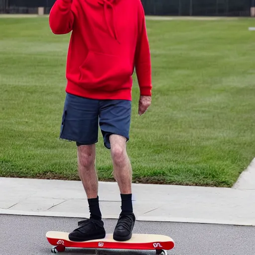 Image similar to Joe Biden wearing a backwards red baseball hat, a red hoodie, and slinging a skate board over his shoulder. How do you do, fellow kids?