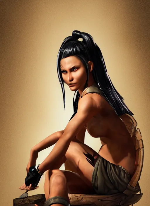 Image similar to An epic fantasy comic book style portrait painting of a tan woman with black hair in a pony tail and serious eyes sitting on a throne, unreal 5, DAZ, hyperrealistic, octane render, cosplay, RPG portrait, dynamic lighting