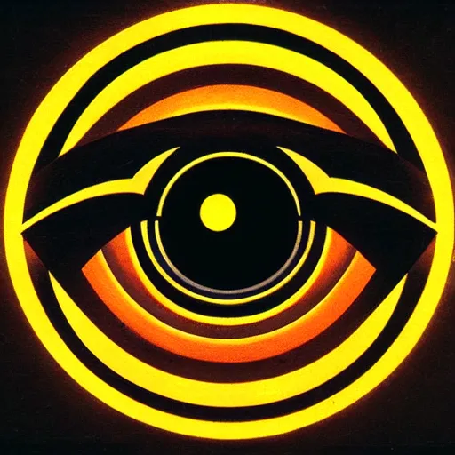 Image similar to logo of eye as the horizon, overlooking a city!!!!, symmetrical, washed out color, centered, art deco, 1 9 5 0's futuristic, glowing highlights, peaceful