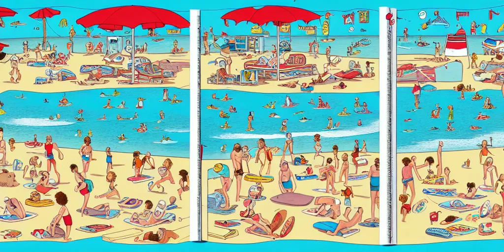 Image similar to a full page spread from the where's waldo at the beach book, waldo in the top right of frame, high detail illustration, coherent