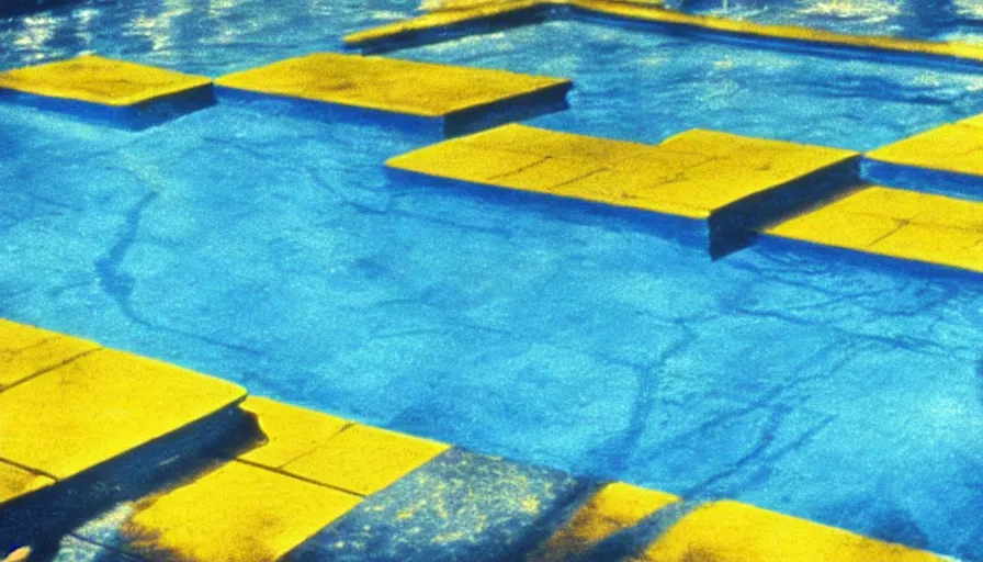 Prompt: 1 9 6 0 s movie still of an empty blue and yellow tiles swimmingpool, low quality, liminal space style