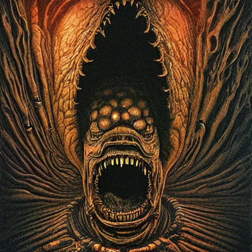 Image similar to space alien, slimy, glossy, sharp teeth, by h. r. giger, beksinski, odyssey 2 0 0 1, nightmare fuel, nightmarish, intricate, highly detailed, optical illusion, stranger things demogorgon, cave lighting, flickering