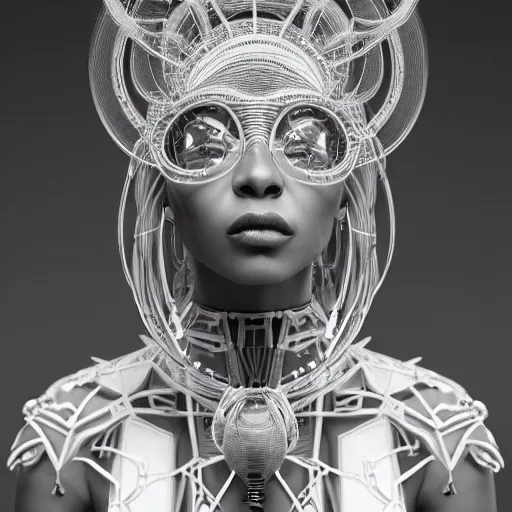 Image similar to portrait of an absurdly beautiful, graceful, sophisticated, fashionable african cyberpunk mechanoid gravure idol, ultrafine hyperdetailed illustration by irakli nadar, matt wisniewski style, marvel comics, intricate linework, porcelain skin, neon jellyfish headdress, ivory carved ruff, unreal engine 5 highly rendered, global illumination, radiant light, detailed and intricate environment