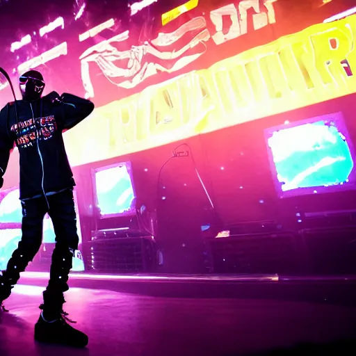 Prompt: a rapper performing on stage for millions of people while wearing cyberpunk clothes, digital art, synthwave