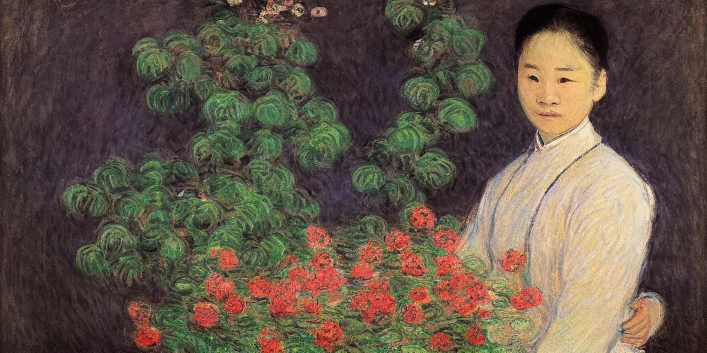 Image similar to A portrait of WANG2MU by Monet, in the Monet style.