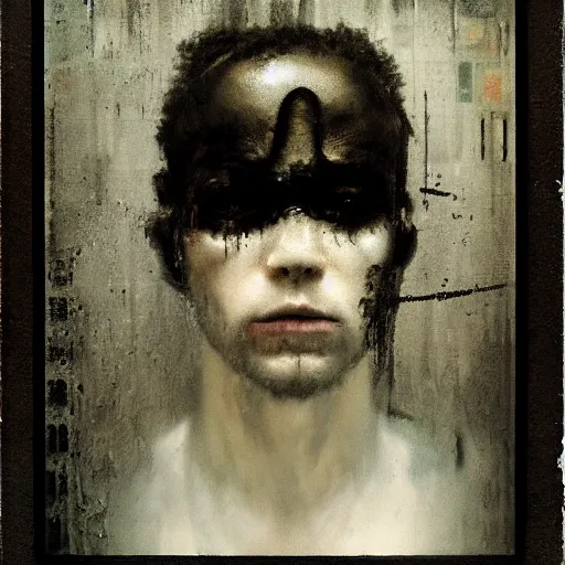 Image similar to grainy mugshot photo of an ugly criminal, (((high tech, cyberpunk))), by cy Twombly and BASTIEN LECOUFFE DEHARME