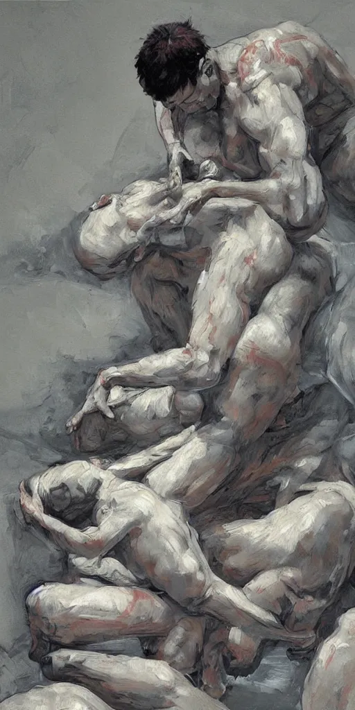 Image similar to oil painting scene from the birthing by kim jung gi