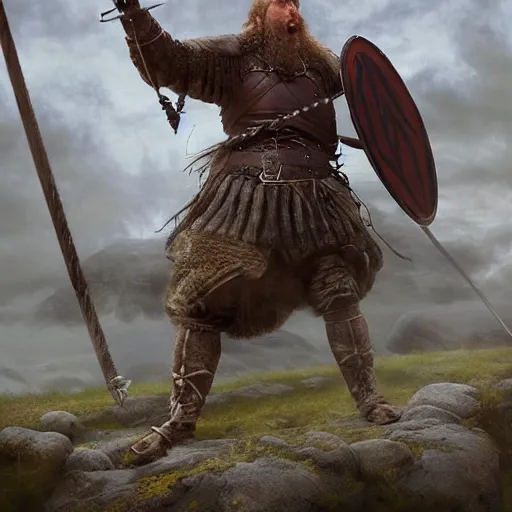 Image similar to viking fighting against a giant fantasy art, matte painting