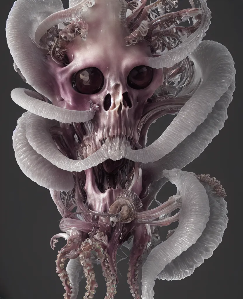 Prompt: goddess close - up portrait human skeleton, ram skull, squid phoenix jellyfish, orchid, betta fish, bioluminiscent, intricate artwork by tooth wu and wlop and beeple. octane render, trending on artstation, greg rutkowski very coherent symmetrical artwork. cinematic, hyper realism, high detail, octane render, 8 k