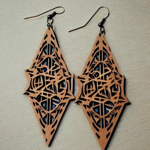 Image similar to 2 d wood lasercut earrings, mystical symbols, 8 k, hd, trending on artstation, trending on deviantart, trending on etsy, epic digital art